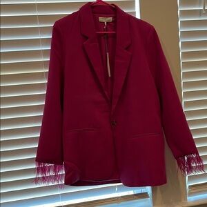Chic Pink Blazer with Feather Trim